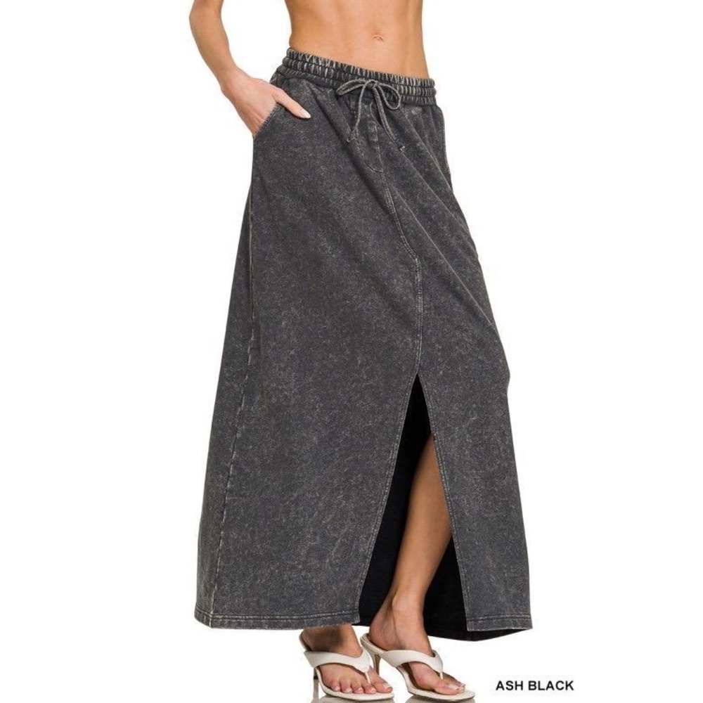 130. NEW ZENANA BLACK FRENCH TERRY ACID WASHED FRONT SLIT LONG SKIRTS S